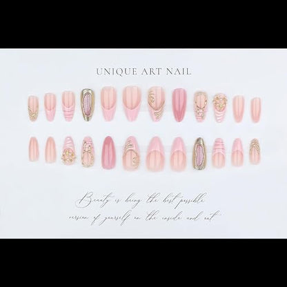 Almond Press on Nails Long Pink Fake Nailwith 3D Charms Acrylic Nail Press ons Golden Embossed Stick on Nails for Women 24pcs - color: Color01