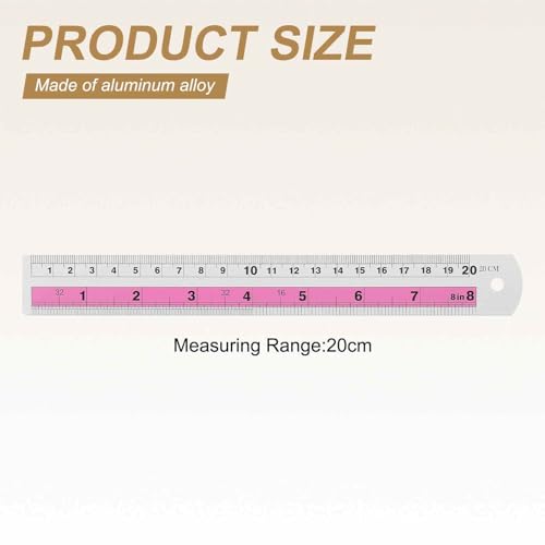 HARFINGTON 2pcs Metal Straight Ruler 20cm Metric SAE Aluminum Alloy Measuring Rulers Scale Tools with Hole for Measure Study Reading Classroom Office, Pink - color: Pink, size: 20cm