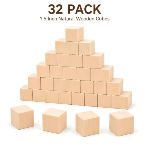 32 Pack Unfinished Wood Blocks 1.5 Inch Solid Wood Cubes for Crafts - size: 1.5 Inch-32Pcs