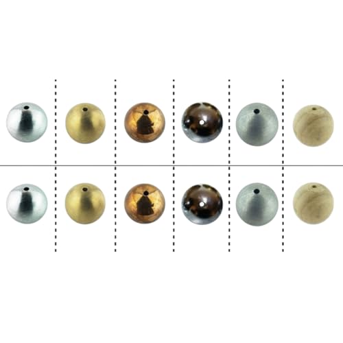 42003-12: Physics Balls Set of 12 Each Drilled 25mm with 3mm Center Hole and a Plastic Storage Container. The Includes 2 Material Type; Aluminum, Brass, Copper