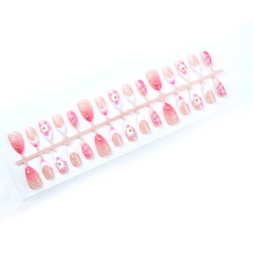 Pink Press on Nails Almond Short 3D Flowers Press on False Nails with Gold Charms Water Drop Stick on Nail for Women 30pcs - color: Color44
