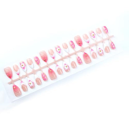 Pink Press on Nails Almond Short 3D Flowers Press on False Nails with Gold Charms Water Drop Stick on Nail for Women 30pcs - color: Color44