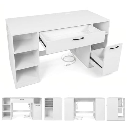 COSTWAY Sewing Machine Table with Power Outlets, Massive Storage (White) - color: White