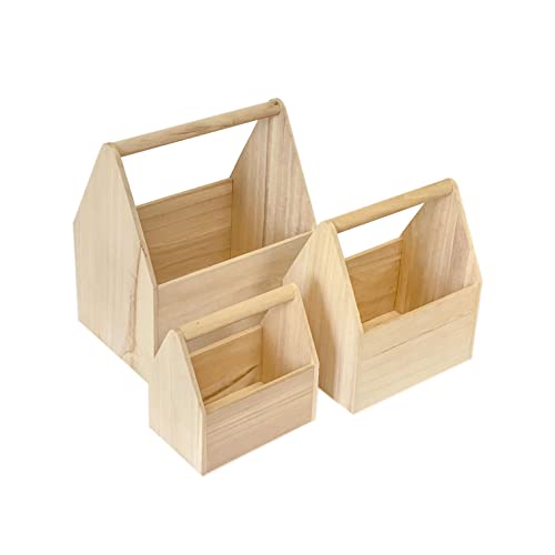 Cregugua Set of 3 Unfinished Wooden Carrier Nesting Wood Craft Box with Handle for Storage - size: 9.3x6.7x11 in