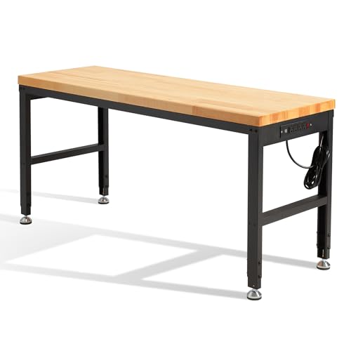 HABUTWAY Height Adjustable Workbench, 60"x20" 2000 Lbs Capacity Solid Wood Work Station Heavy-Duty, with Power Outlets, for Garage Party Shop Office - size: 60"x20"x38.4"