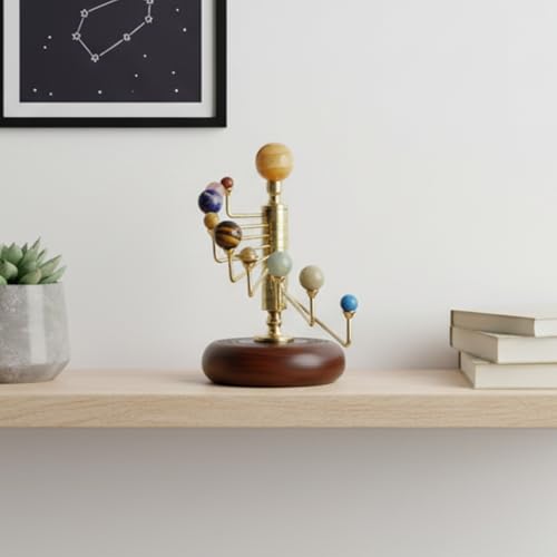 Luxury Handcrafted Solar System Model with Semi-Precious Stones – Sun, Earth & Moon Planet Display on Rosewood Base | Astronomy Art Desk Decor (Rotating Solar System)
