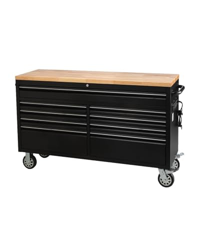 61-Inch Heavy-Duty Rolling Tool Chest with 9 Lockable Drawers, Rubber Wood Tabletop, Steel Storage Cabinet & Workbench for Garage Workshop, Includes Key Lock, Drawer Liners, Wheels in Black - size: 61 Inch