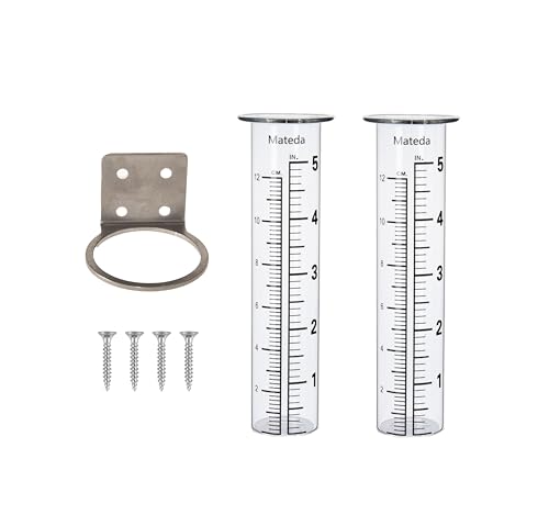5 inch Capacity Rain Gauge with Stainless Steel Fence Mounting Rack Holder with 2 Pcs Replacement Tube Glass, Post Mount Rain Gauge for Yard Garden Outdoor Home