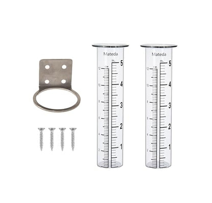 5 inch Capacity Rain Gauge with Stainless Steel Fence Mounting Rack Holder with 2 Pcs Replacement Tube Glass, Post Mount Rain Gauge for Yard Garden Outdoor Home