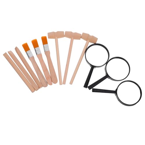 HOMSFOU Archaeology Tools for Kids Dinosaur Dig Kit with 3 Wooden Hammers 3 Wooden Chisels 3 Wood Brushes and 3 Magnifiers Science Kit for Excavation Play Learning and Fine Motor Skills