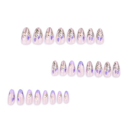 RTKHFZE Press on Nails Almond French Tip Fake Nails Medium False Nails with Flower Designs Artificial Nail Glossy Purple Glue on Nails Cute Summer Stick on Nail for Women 24Pcs - color: Style06