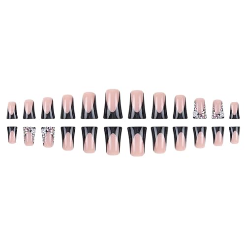 Duck Press on Nails Black French Tip Fake Nails Medium Acrylic Nails Press Ons with 3D Flower and Diamond Design Artificial False Nails Light Luxury Shining Full Cover Stick On Nails for Women - color: Style-A11