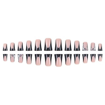 Duck Press on Nails Black French Tip Fake Nails Medium Acrylic Nails Press Ons with 3D Flower and Diamond Design Artificial False Nails Light Luxury Shining Full Cover Stick On Nails for Women - color: Style-A11