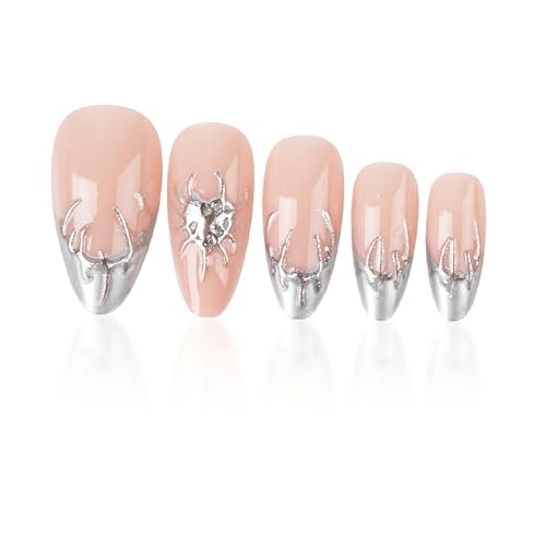 Silver French Tip Press on Nails Medium Almond Fake Nails with 3D Designs Gothic Full Cover Glue on Nails Reusable Glossy Y2K Silver Metal Acrylic False Nails for Women 24Pcs