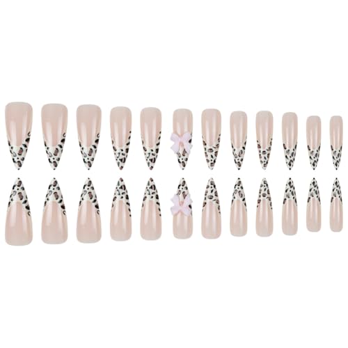 Stiletto Press on Nails Long Brown Fake NailLeopard Acrylic with Pink Bow Design Stick on Nails for Women 24pcs - color: Color26