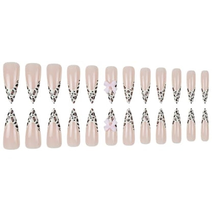 Stiletto Press on Nails Long Brown Fake NailLeopard Acrylic with Pink Bow Design Stick on Nails for Women 24pcs - color: Color26