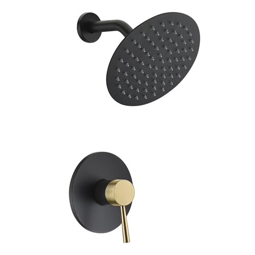 SUMERAIN Shower Faucet Set Black and Gold, 8" Stainless Steel Rain Shower - color: Black and Gold, size: Solid Brass Valve