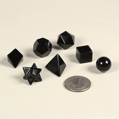 Justinstones 7-Piece Black Obsidian Natural Crystal Geometry Collection Healing Crystals Kit Sacred Geometry Platonic Solids Geometric Set Tumbled Stones Specimen Collection - style: Black Obsidian
