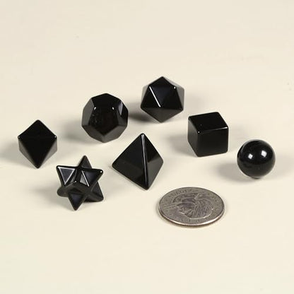Justinstones 7-Piece Black Obsidian Natural Crystal Geometry Collection Healing Crystals Kit Sacred Geometry Platonic Solids Geometric Set Tumbled Stones Specimen Collection - style: Black Obsidian