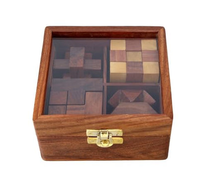 Ajuny Wooden Puzzles Box Set (4 Games) Brain Teaser for Teens & Adults, IQ Test Interlocking 3D Puzzles, Handcrafted Rustic Patio Decor, Unique Gift for Christmas and Birthdays - style: 4 in 1