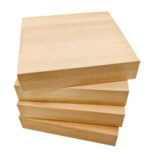 4PCS Unfinished Basswood Blocks for Crafts, Wood Craft Panels for Art, Engraving, Painting, DIY Projects, Chip Carving, Fretwork (3.93 x 3.93 x 0.78 in) - size: 3.93 x 3.93 x 0.78 in