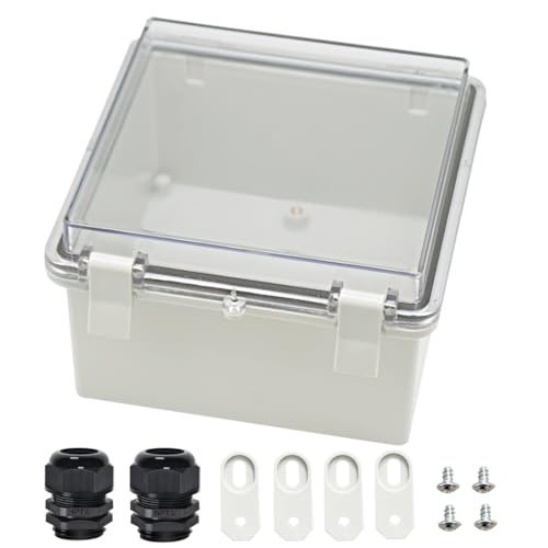 Zulkit Junction Box ABS Plastic Dustproof Waterproof IP65 Electrical Boxes Hinged Shell Outdoor Universal Project Enclosure Clear Cover with 2 Cable Glands 5.9 x 5.9 x 3.5 inch (150x150x90 mm) - size: 5.9" x 5.9" x 3.5"
