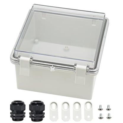 Zulkit Junction Box ABS Plastic Dustproof Waterproof IP65 Electrical Boxes Hinged Shell Outdoor Universal Project Enclosure Clear Cover with 2 Cable Glands 5.9 x 5.9 x 3.5 inch (150x150x90 mm) - size: 5.9" x 5.9" x 3.5"