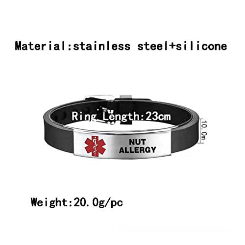KunBead Medical Alert Bracelets for Women Adjustable Stainless Steel Silicone Emergency Awareness Medical ID Bracelet Wristband - style: NUT ALLERGY