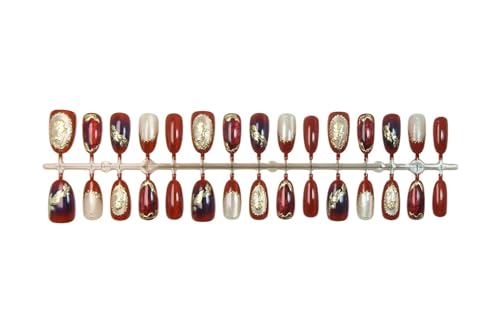 Almond Press on Nails Short Red Fake Nail Golden Embossed Acrylic Nail Press ons Roses Stick on Nail for Women 24pcs - color: Color33
