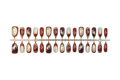 Almond Press on Nails Short Red Fake Nail Golden Embossed Acrylic Nail Press ons Roses Stick on Nail for Women 24pcs - color: Color33