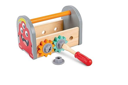 Hape: Fix-It Tool Kit - Monster Design, Wooden Tool Box with Carry Handle, Tool Accessories, Tighten & Loosen The Gears On The Box, Kids Ages 3+