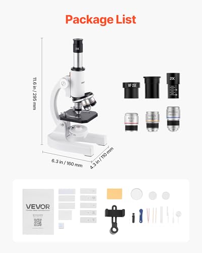VEVOR Microscope for Kids Adults, 40X-2000X Professional Compound Microscope Mobile Phone Adapter with LED Light, for Laboratory, School, Home, Education - style: A