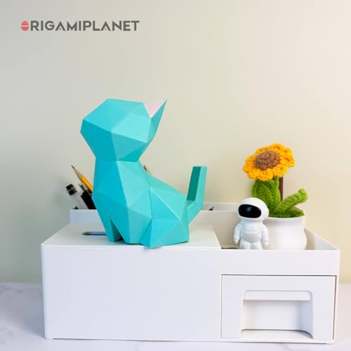 3D Origami Paper Craft Kit, Moonlit Kitten Cute DIY Pre-Cut Animal Papercraft Model for Beginners, Fun Handmade Home Decoration Gift for Adults & Teens-Green