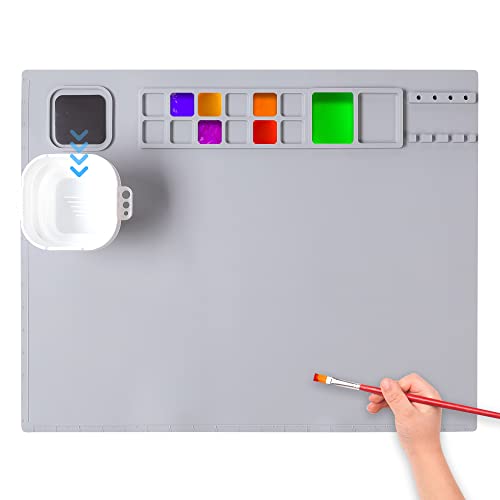 AWOKE Silicone Painting Mat - 20"X16" Silicone Art Craft Mat with 1 Water Cup for Kids -12 Color Dividers - 2 Paint Dividers (Grey) - color: Grey