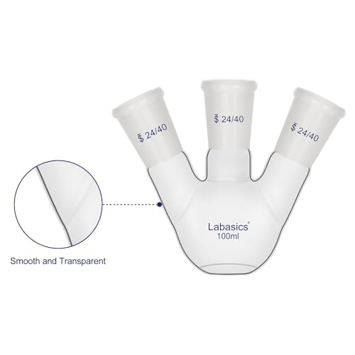 Labasics Borosilicate Glass 3 Neck Flat Bottom Boiling Flask with 24/40 Joints, for Lab Experiments, Distillation and Reflux Systems, 100ml - size: 100 ml