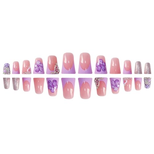 24Pcs Press on Nails Medium Duck Mouth Fake Nails Square French Tip False Nails Press Ons with 3D Flower and Rhinestones Designs Acrylic Nails Glossy Full Cover Artificial Nail for Women - color: Style-A18
