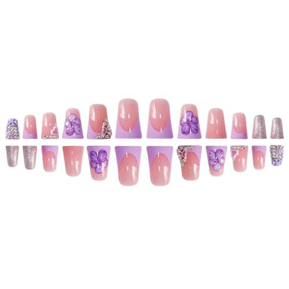 24Pcs Press on Nails Medium Duck Mouth Fake Nails Square French Tip False Nails Press Ons with 3D Flower and Rhinestones Designs Acrylic Nails Glossy Full Cover Artificial Nail for Women - color: Style-A18