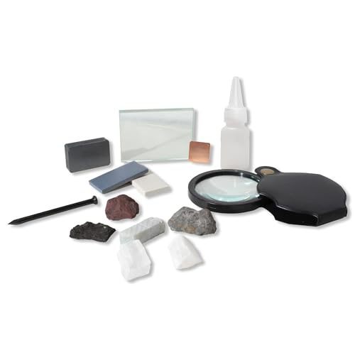Mineral ID Kit - 13 Pieces - Includes Dropper Bottle, Streak Plate, Glass Plate, Magnet, Nail, Copper Sheet, Retractable Hand Lens, Rock and Mineral Geology Kit