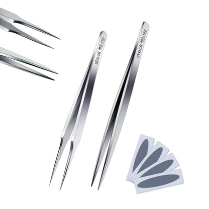 stedi 2PCS Precision Thickened Tweezer Set, Model Hobbyist Tools, Ultra Precision Premium Stainless Steel Tweezers for Gundam, Scale Military Models, 3D Resin Parts, Industrial Tweezers - style: Pointed & Flat Tweezers