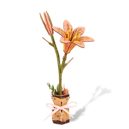3D Flower Wooden Puzzles Kit, DIY Wooden Flowers Model Kit for Adults, Kids, Valentine's Day/Mother's Day/Birthday/Christmas Toy Gift Set (Pink Lily) - color: Pink Lily