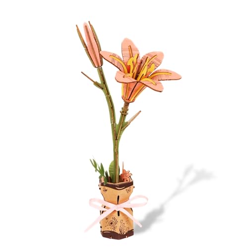 3D Flower Wooden Puzzles Kit, DIY Wooden Flowers Model Kit for Adults, Kids, Valentine's Day/Mother's Day/Birthday/Christmas Toy Gift Set (Pink Lily) - color: Pink Lily