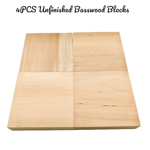 4PCS Unfinished Basswood Blocks for Crafts, Wood Craft Panels for Art, Engraving, Painting, DIY Projects, Chip Carving, Fretwork (3.93 x 3.93 x 0.78 in) - size: 3.93 x 3.93 x 0.78 in