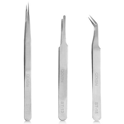 QDiShi Precision Tweezers Set,Upgraded Stainless Steel of Tweezers - Extra Fine,Angled,Blunt Tips for Electronics,Hobby, Industrial,Laboratory Work,Jewelry-Making,Model,Craft（3Pcs）