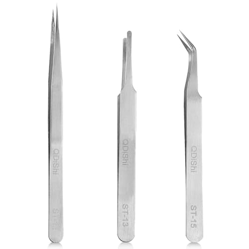 QDiShi Precision Tweezers Set,Upgraded Stainless Steel of Tweezers - Extra Fine,Angled,Blunt Tips for Electronics,Hobby, Industrial,Laboratory Work,Jewelry-Making,Model,Craft（3Pcs）