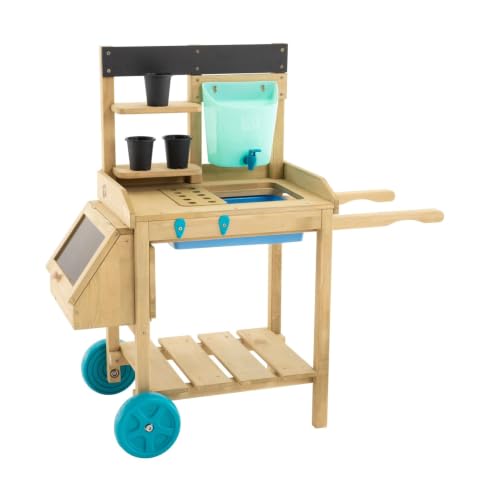 TP Toys Kids Potting Bench, Outdoor Wooden Toy Toddler Gardening Table with Wheels, Sink & Faucet, Storage Shelves, Planting Pots, Durable, Weatherproof Backyard Playset for Kids Age 3+ Years - style: Modern