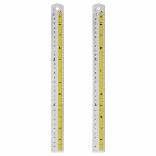 HARFINGTON 2pcs Metal Straight Ruler 30cm Metric SAE Aluminum Alloy Measuring Rulers Scale Tool with Hole for Measure Study Reading Classroom Office, Yellow - color: Yellow, size: 30cm