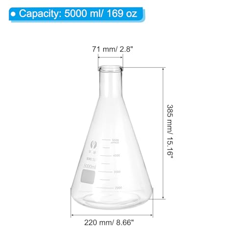 PATIKIL Erlenmeyer Flask, 5000ml 169oz Narrow Mouth Graduated Flasks Borosilicate Glass with Printed Graduation for Lab Experiment Chemistry Science Study - size: 5000ml/165oz