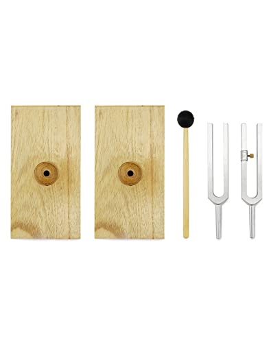QWORK Tuning Fork 440HZ, 2 Pcs Singing Tone Tuning Set, Steel Tuning Forks with Wood Resonator Box for Various Experiments