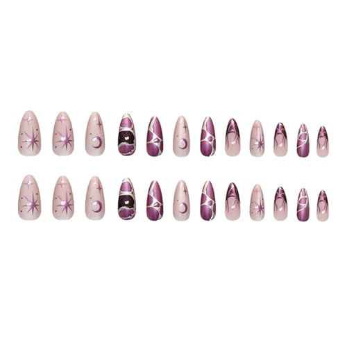 Purple Cat Eye Press on Nails Almond Shape Length Fake Nails Glossy Ombre False Nails with 3D Metal Irregular Lines Designs Acrylic Nail Press Ons Full Cover Glue on Nails for Women 24Pcs - color: Style16