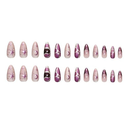 Purple Cat Eye Press on Nails Almond Shape Length Fake Nails Glossy Ombre False Nails with 3D Metal Irregular Lines Designs Acrylic Nail Press Ons Full Cover Glue on Nails for Women 24Pcs - color: Style16